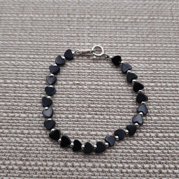 6 Inch Sterling Silver Onyx Stone Hearts Bracelet B482 - Picture 1 of 5